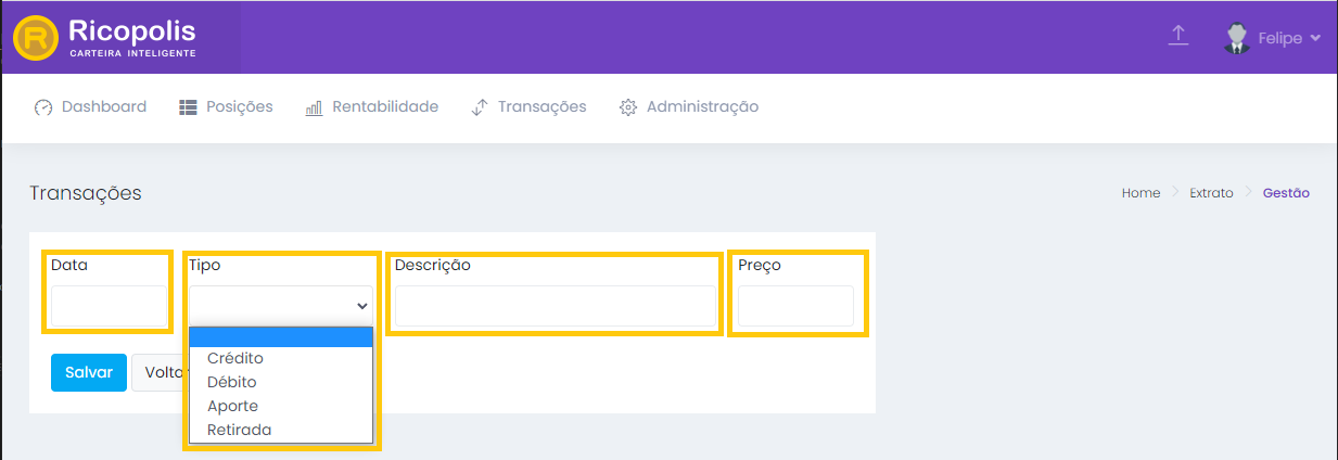 Inserir Lançamentos de Aportes/Retiradas